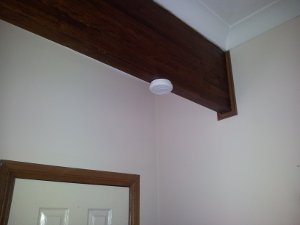 carbon monoxide detector attached to an exposed beam